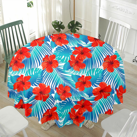 Blue Tropical Hibiscus Pattern Print Waterproof Round Tablecloth