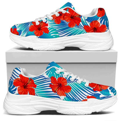 Blue Tropical Hibiscus Pattern Print White Chunky Shoes