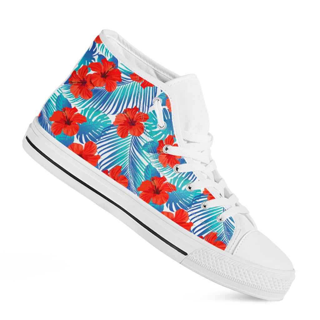 Blue Tropical Hibiscus Pattern Print White High Top Sneakers