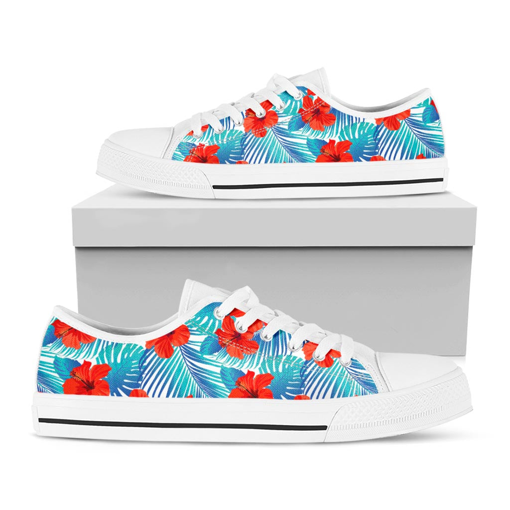 Blue Tropical Hibiscus Pattern Print White Low Top Sneakers