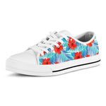 Blue Tropical Hibiscus Pattern Print White Low Top Sneakers