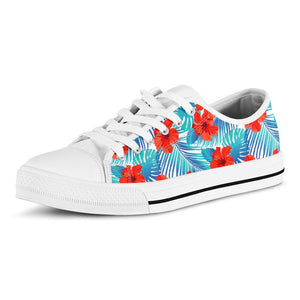 Blue Tropical Hibiscus Pattern Print White Low Top Sneakers