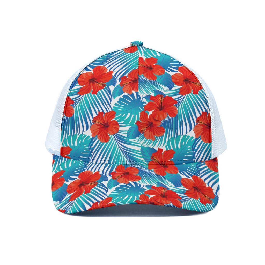 Blue Tropical Hibiscus Pattern Print White Mesh Trucker Cap
