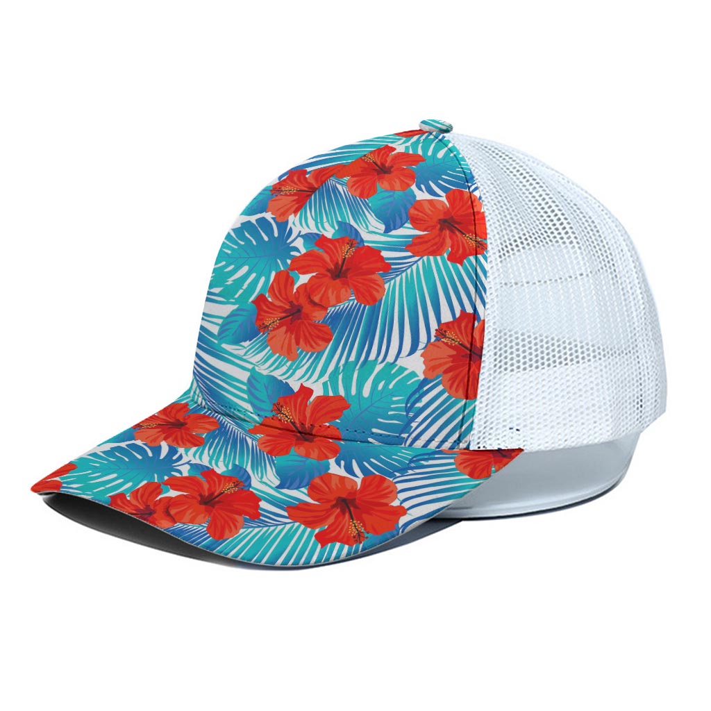 Blue Tropical Hibiscus Pattern Print White Mesh Trucker Cap