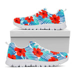Blue Tropical Hibiscus Pattern Print White Running Shoes