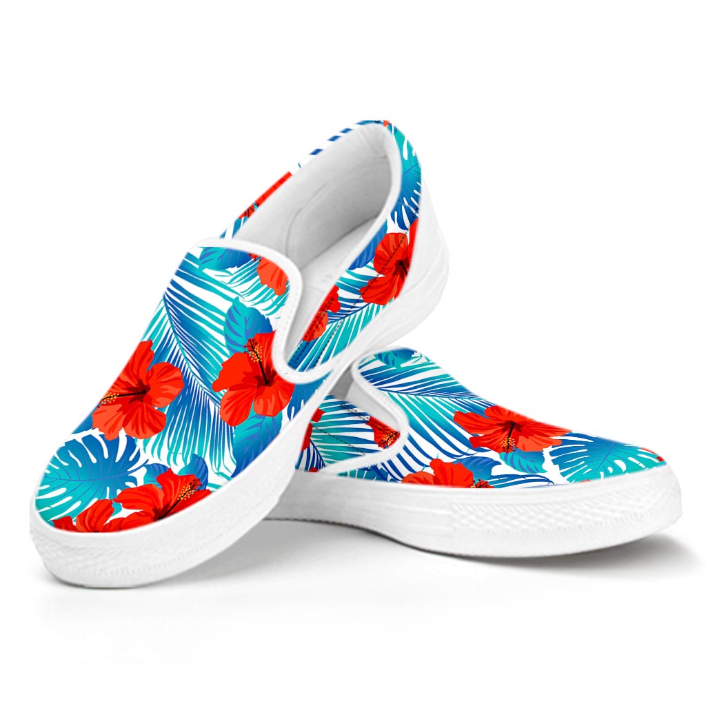 Blue Tropical Hibiscus Pattern Print White Slip On Sneakers