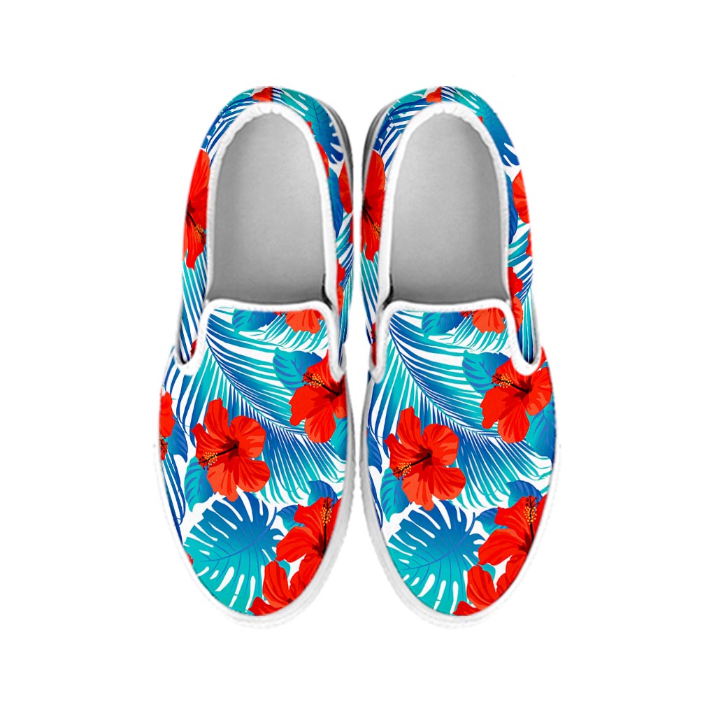 Blue Tropical Hibiscus Pattern Print White Slip On Sneakers