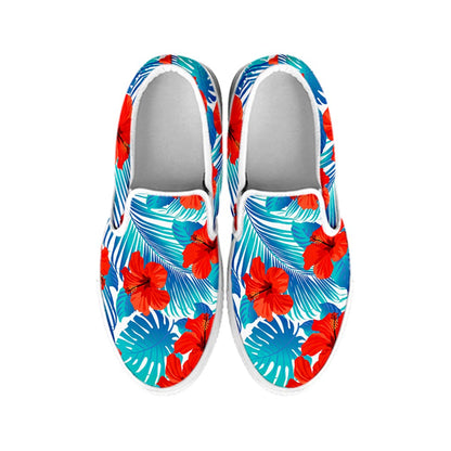Blue Tropical Hibiscus Pattern Print White Slip On Sneakers