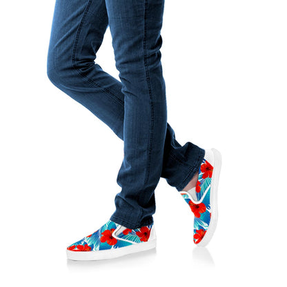 Blue Tropical Hibiscus Pattern Print White Slip On Sneakers