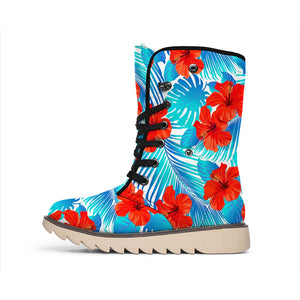 Blue Tropical Hibiscus Pattern Print Winter Boots