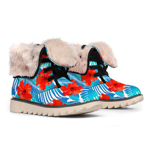 Blue Tropical Hibiscus Pattern Print Winter Boots