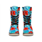 Blue Tropical Hibiscus Pattern Print Winter Boots