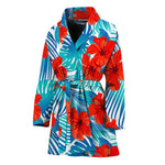 Blue Tropical Hibiscus Pattern Print Women's Bathrobe