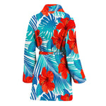 Blue Tropical Hibiscus Pattern Print Women's Bathrobe