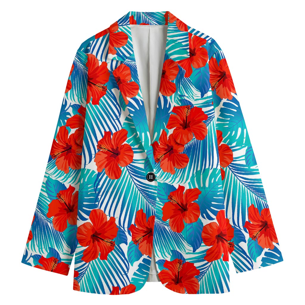 Blue Tropical Hibiscus Pattern Print Women's Blazer