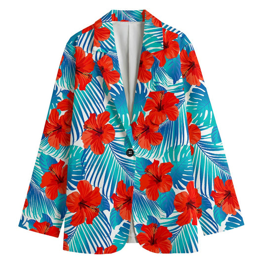 Blue Tropical Hibiscus Pattern Print Women's Blazer