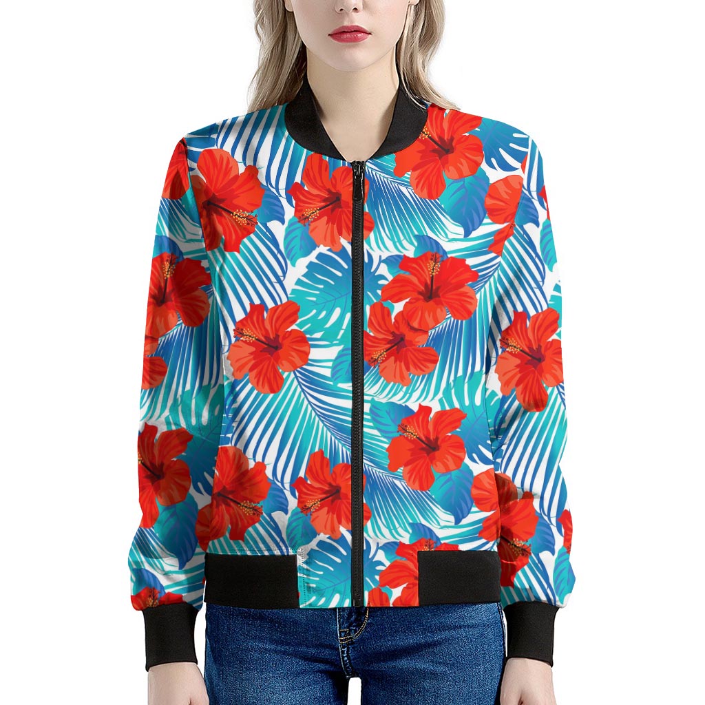 Blue Tropical Hibiscus Pattern Print Women's Bomber Jacket