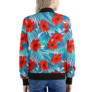 Blue Tropical Hibiscus Pattern Print Women's Bomber Jacket