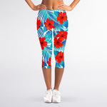 Blue Tropical Hibiscus Pattern Print Women's Capri Leggings