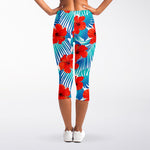 Blue Tropical Hibiscus Pattern Print Women's Capri Leggings