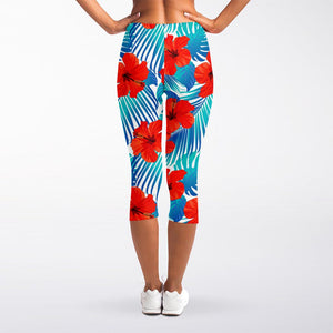 Blue Tropical Hibiscus Pattern Print Women's Capri Leggings