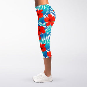 Blue Tropical Hibiscus Pattern Print Women's Capri Leggings