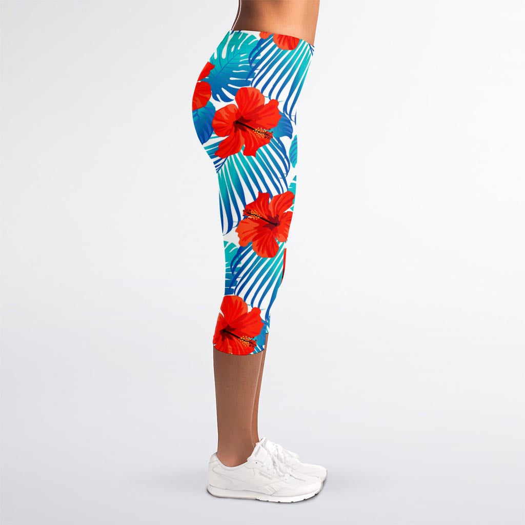 Blue Tropical Hibiscus Pattern Print Women's Capri Leggings