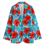 Blue Tropical Hibiscus Pattern Print Women's Cotton Blazer