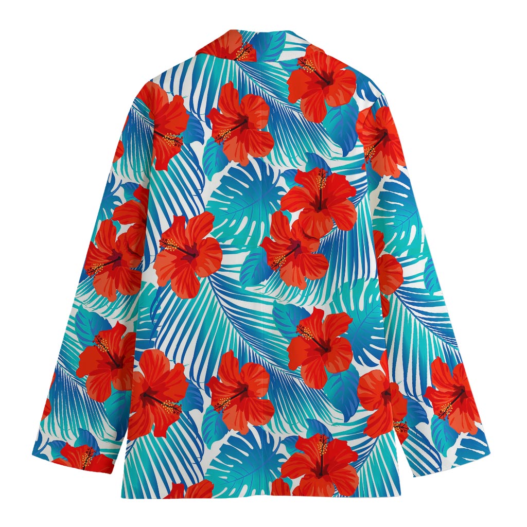 Blue Tropical Hibiscus Pattern Print Women's Cotton Blazer