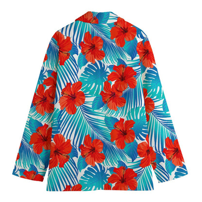 Blue Tropical Hibiscus Pattern Print Women's Cotton Blazer