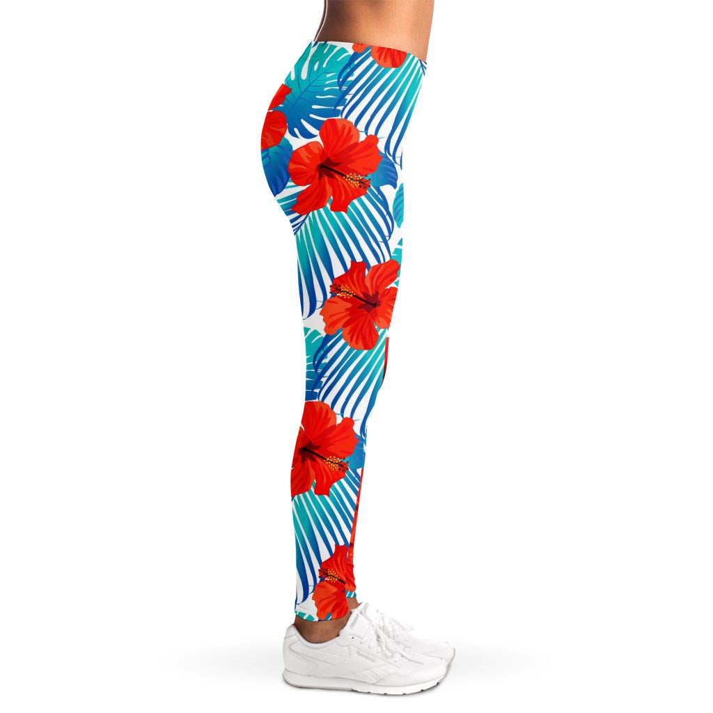 Blue Tropical Hibiscus Pattern Print Women's Leggings