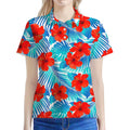 Blue Tropical Hibiscus Pattern Print Women's Polo Shirt