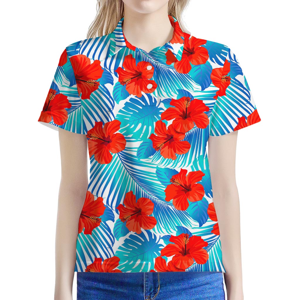 Blue Tropical Hibiscus Pattern Print Women's Polo Shirt