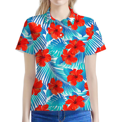 Blue Tropical Hibiscus Pattern Print Women's Polo Shirt