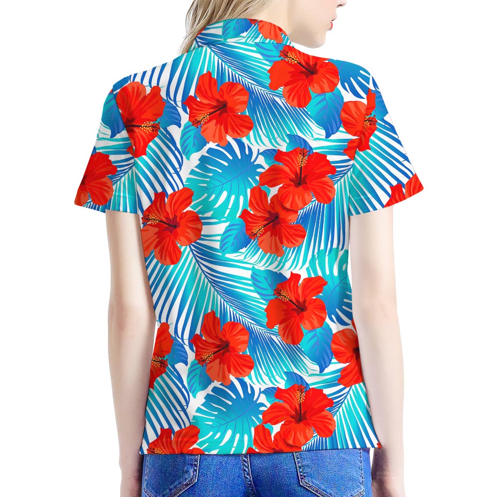 Blue Tropical Hibiscus Pattern Print Women's Polo Shirt