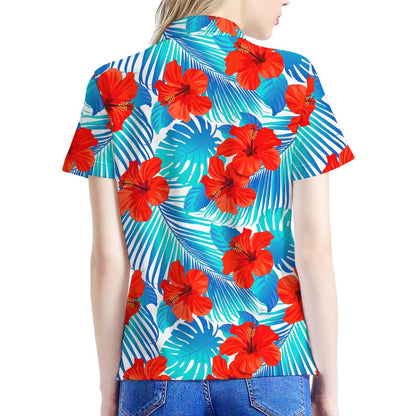Blue Tropical Hibiscus Pattern Print Women's Polo Shirt