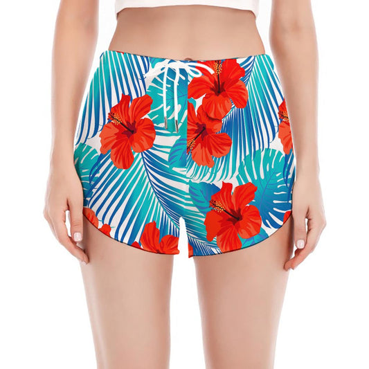Blue Tropical Hibiscus Pattern Print Women's Split Running Shorts