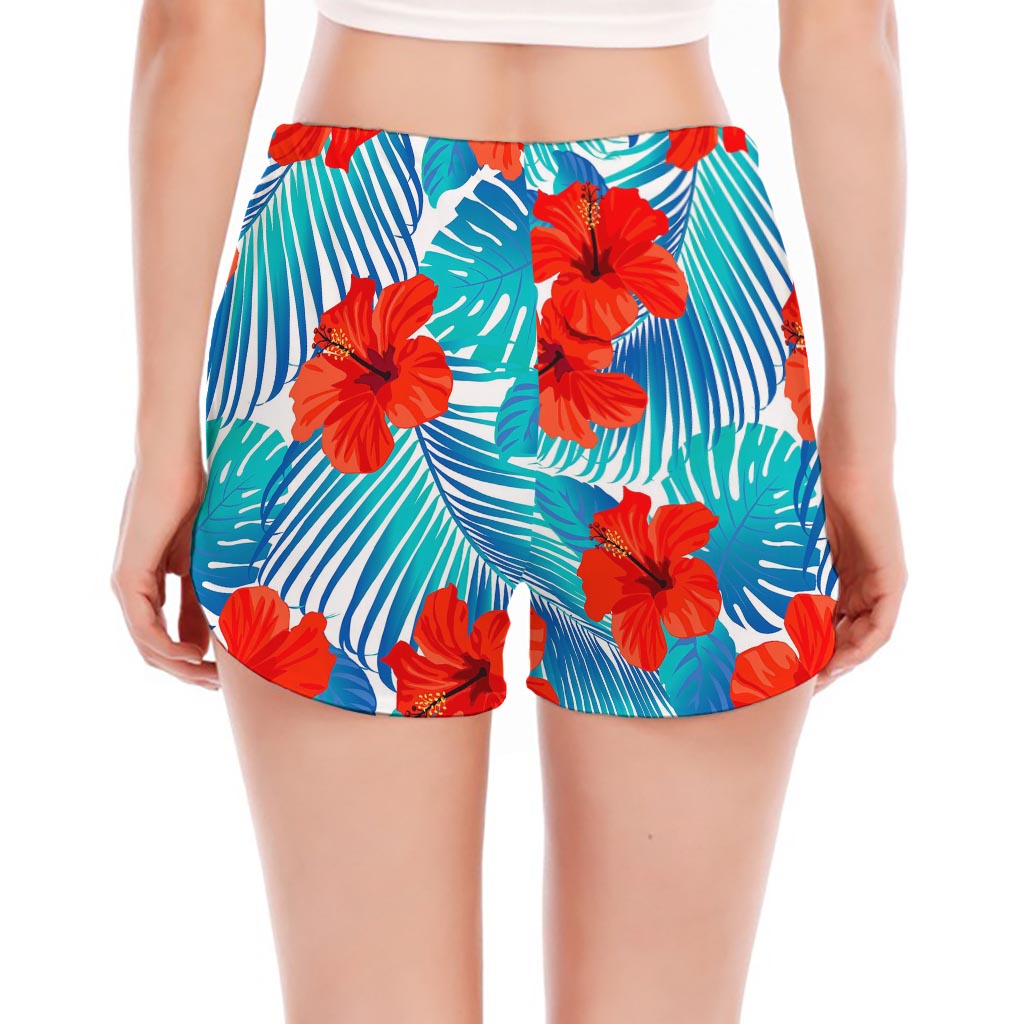 Blue Tropical Hibiscus Pattern Print Women's Split Running Shorts