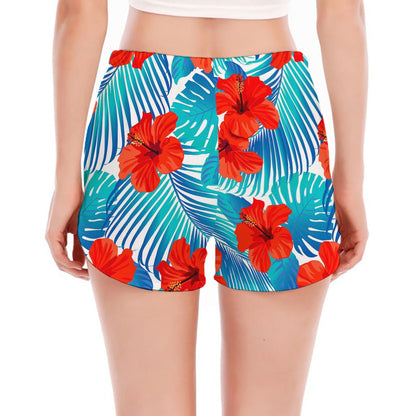 Blue Tropical Hibiscus Pattern Print Women's Split Running Shorts
