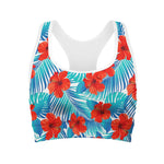 Blue Tropical Hibiscus Pattern Print Women's Sports Bra