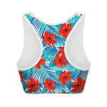 Blue Tropical Hibiscus Pattern Print Women's Sports Bra