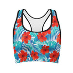 Blue Tropical Hibiscus Pattern Print Women's Sports Bra