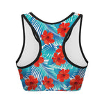 Blue Tropical Hibiscus Pattern Print Women's Sports Bra