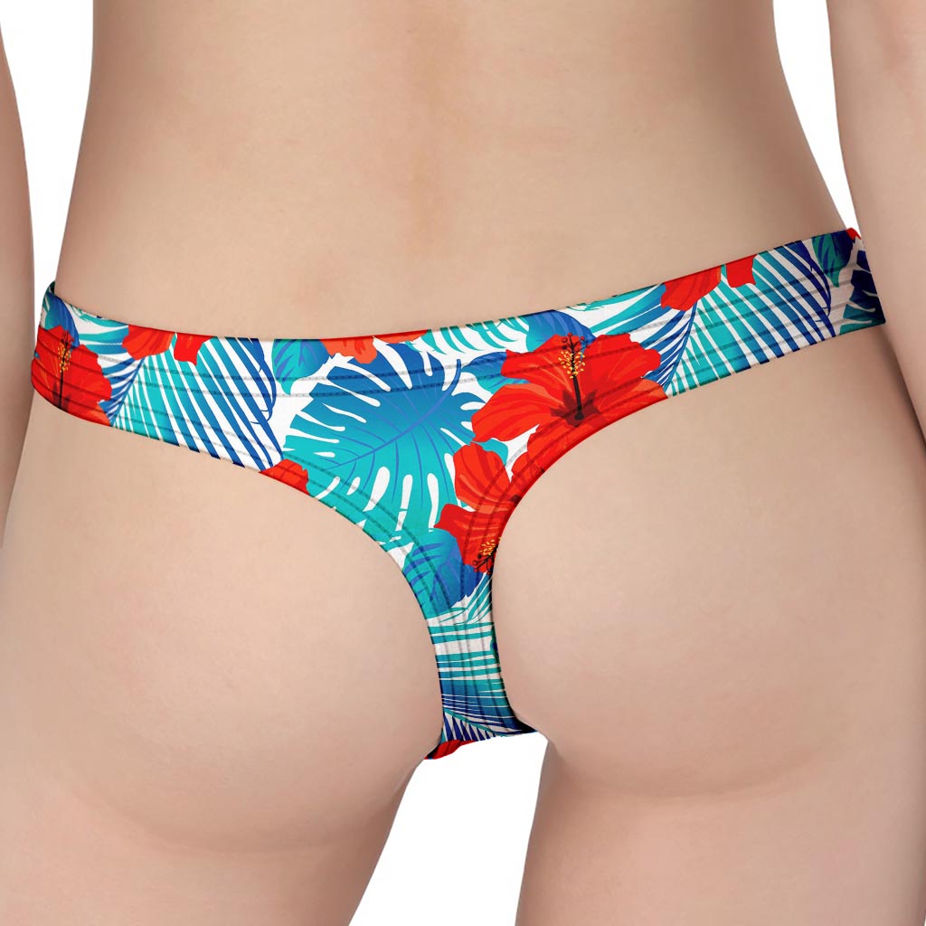 Blue Tropical Hibiscus Pattern Print Women's Thong