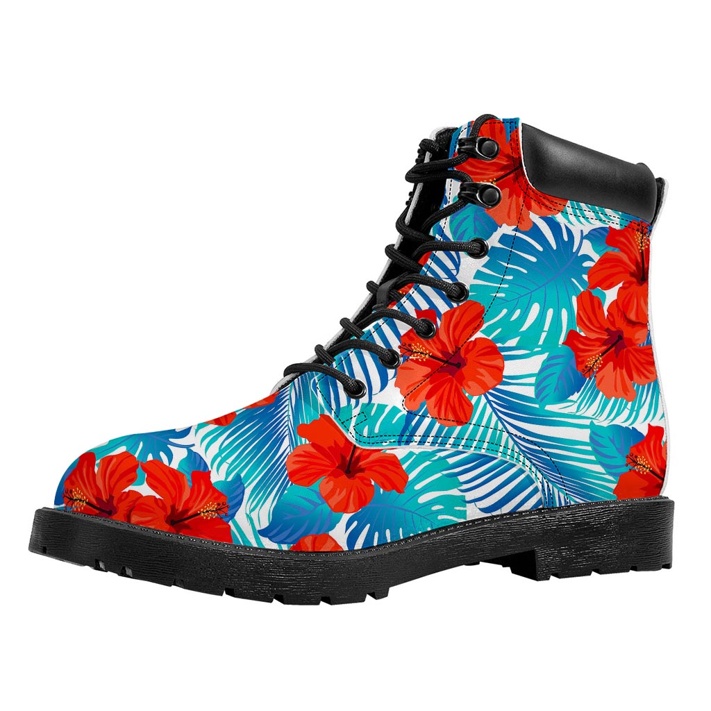 Blue Tropical Hibiscus Pattern Print Work Boots