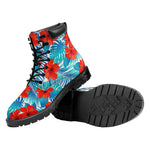 Blue Tropical Hibiscus Pattern Print Work Boots