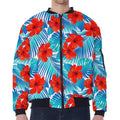 Blue Tropical Hibiscus Pattern Print Zip Sleeve Bomber Jacket