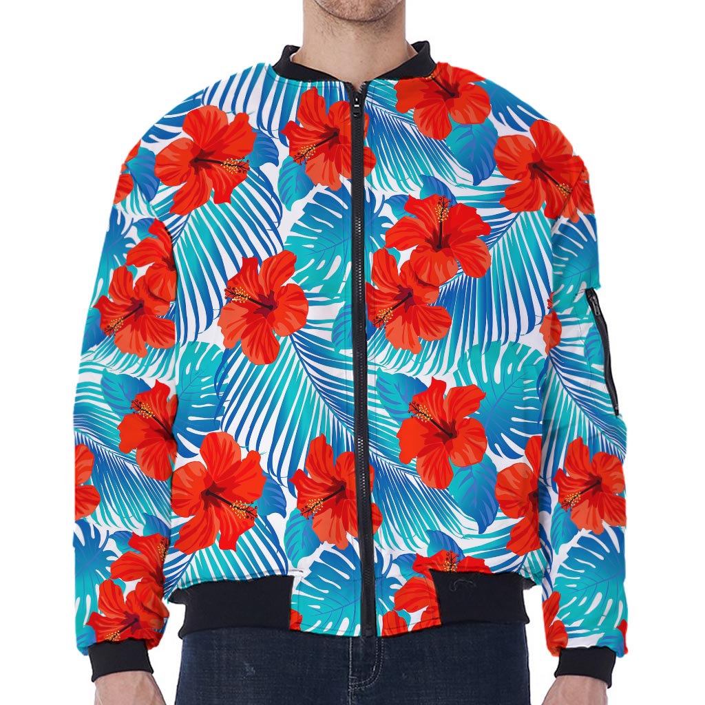 Blue Tropical Hibiscus Pattern Print Zip Sleeve Bomber Jacket