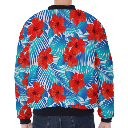 Blue Tropical Hibiscus Pattern Print Zip Sleeve Bomber Jacket