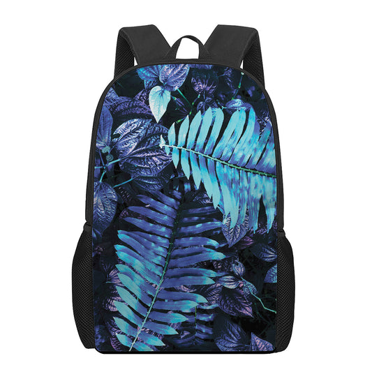 Blue Tropical Leaves Print 17 Inch Backpack